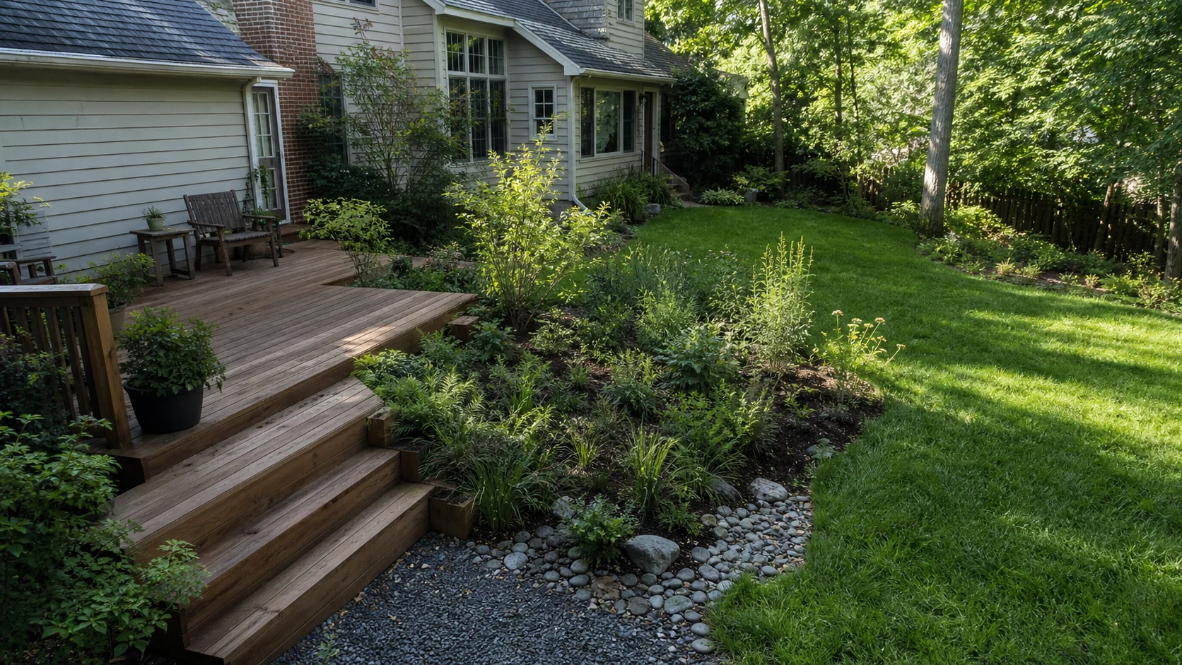 Cedar deck, rain garden and drainage stone