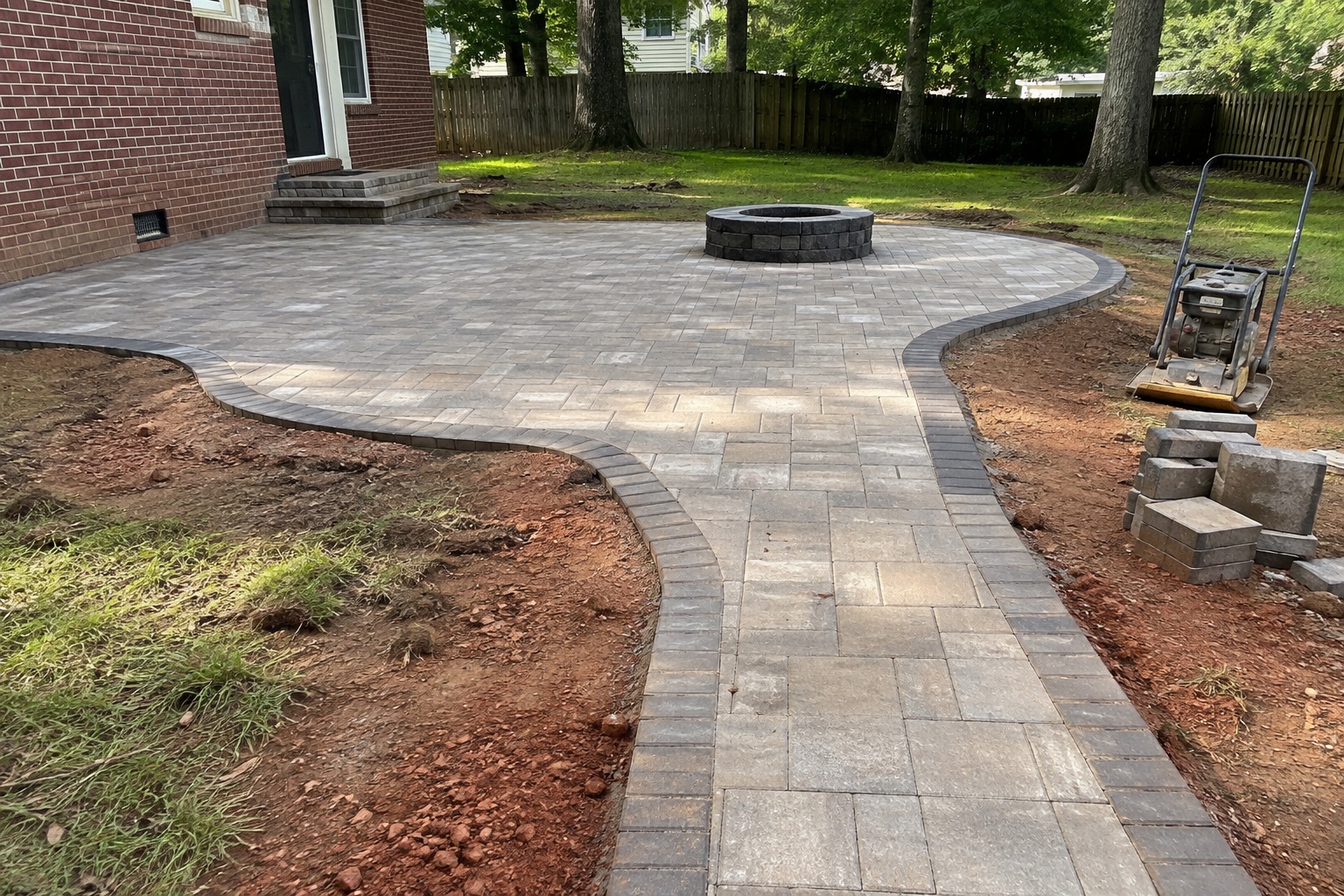 Paver patio installation nearing completion beside a Georgia home