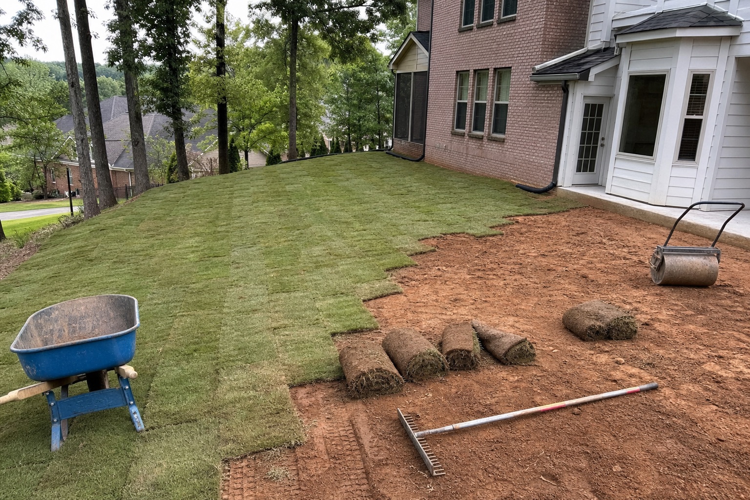 Fresh sod installation nearing completion on a graded lawn